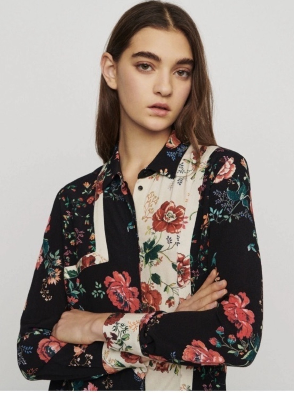 Maje Ciller Patchwork Floral Blouse Button Down Top size 1 Small NWT